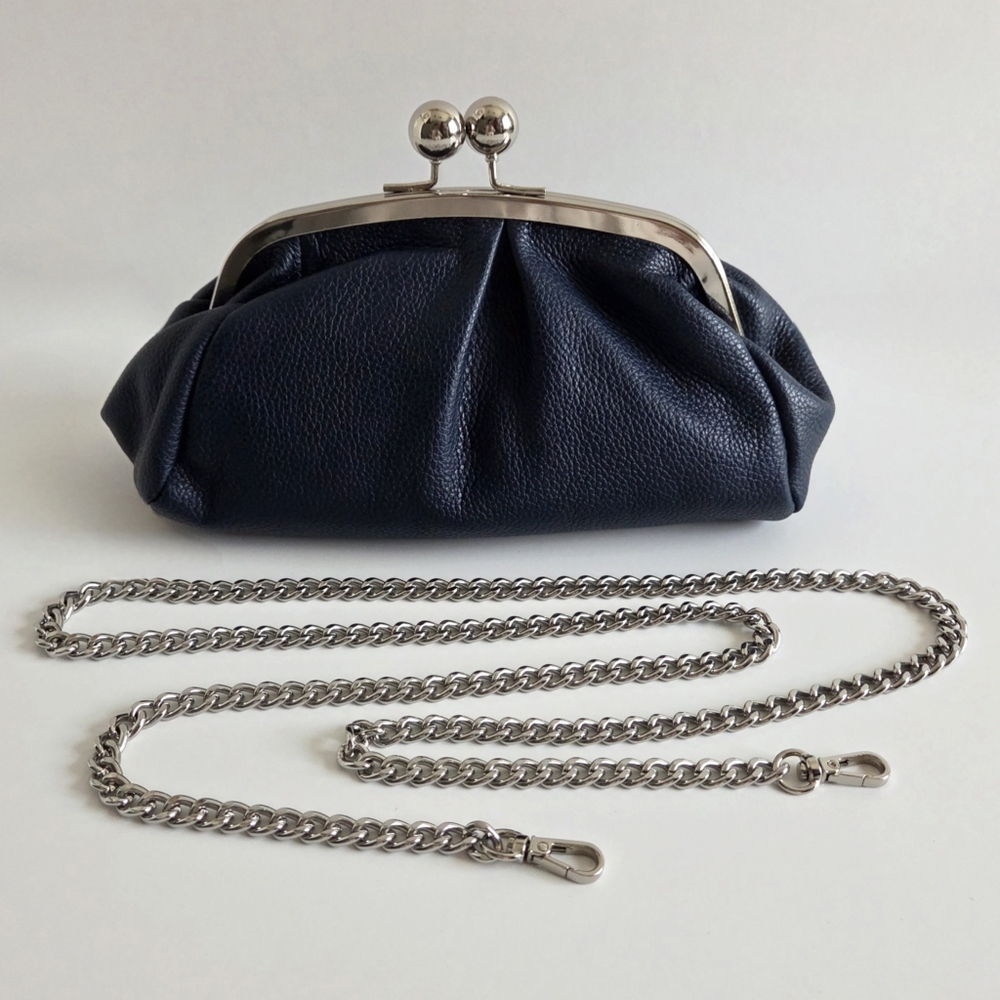 Italian Leather Navy Kisslock Clutch With Removable Silver Crossbody Chain, New - Picture 16 of 16